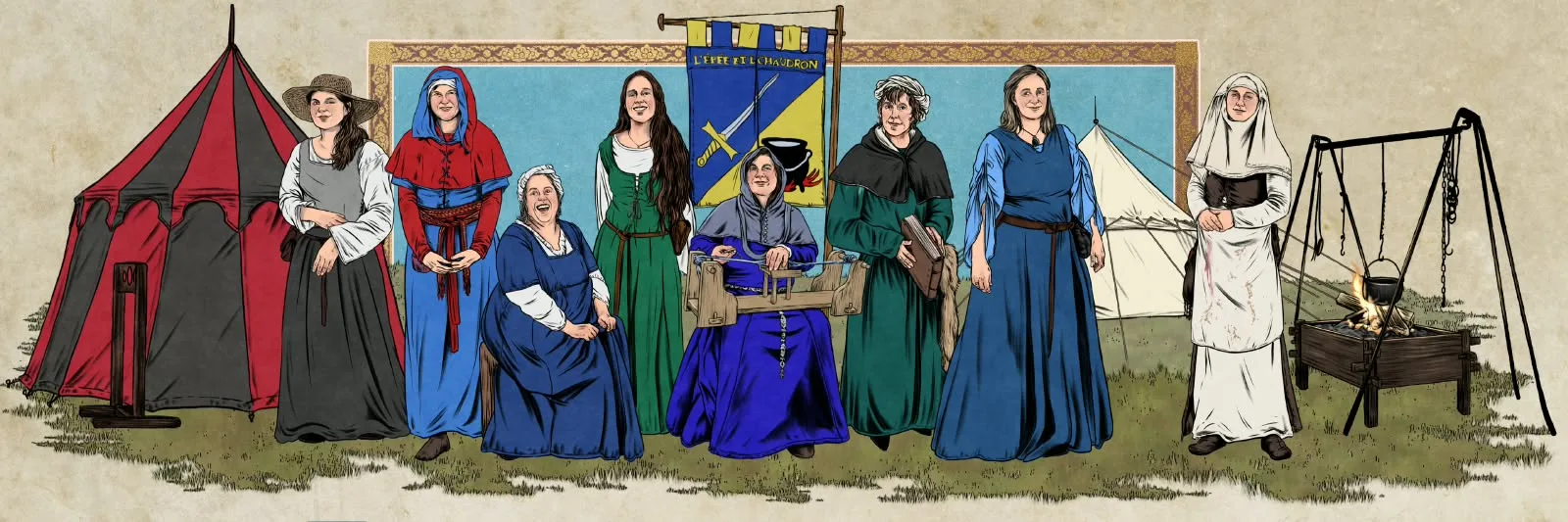 Illustration des dames de la compagnie devant le camp : huit femmes en robes et coiffes médiévales, dont une tisserande assise à son métier, entre une tente rouge et noire et le foyer, sous la bannière de L’Épée et le Chaudron