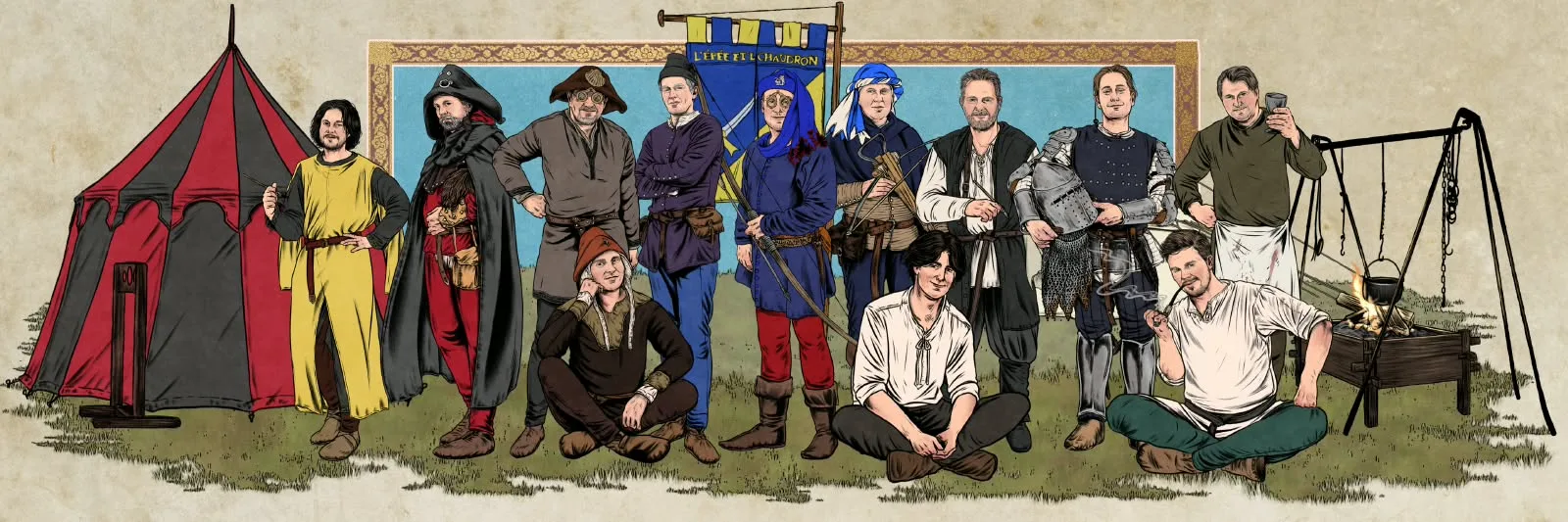 Illustration des hommes de la compagnie devant le camp : archers, chevalier en armure tenant son heaume, homme en grande cape noire, buveur levant son gobelet, et trois jeunes assis dans l’herbe, entre une tente rouge et noire et le foyer, sous la bannière de L’Épée et le Chaudron